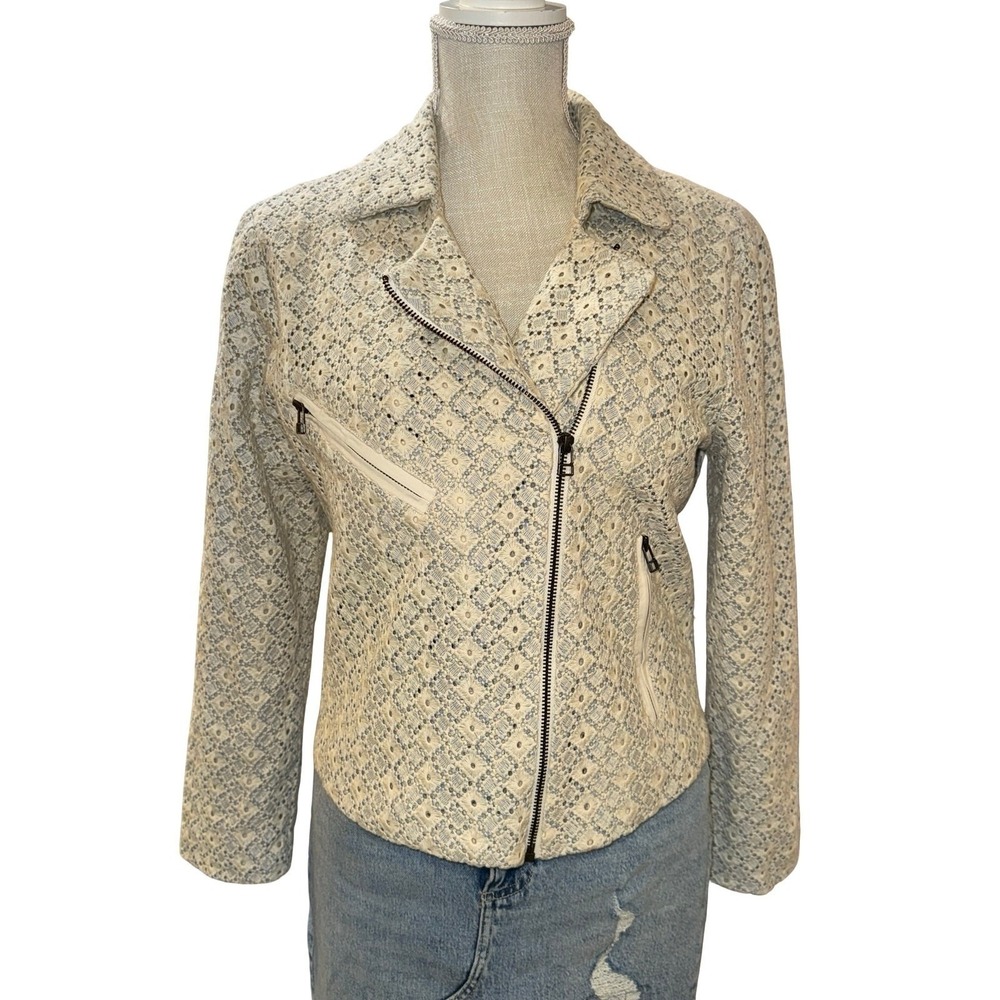 Dolan Moto Jacket Womens Medium Cream Blue Eyelet Lace Cotton Biker Zip